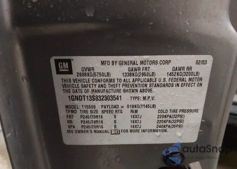 2003 Chevrolet Trailblazer Ls z USA, uszkodzony, nr VIN 1GNDT13S832303541